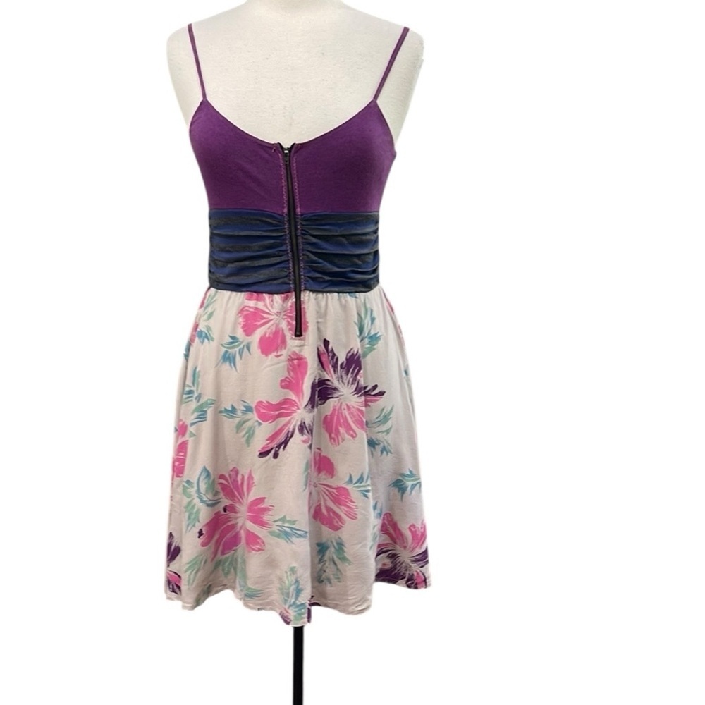 Scrapbook Strappy Tank Floral Skirt Zip Up Bust Mini Dress SZ M Purple Tan